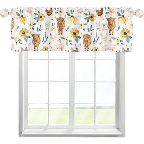 HawSkgFub Baby Toddler Girls Highland Cow Sunflower Nursery Curtain Valance 54x18, Western Farm Animal Pig Chicken Flower Short Window Topper, Floral Kid Bedroom Playroom Baby Shower Living Room Decor
