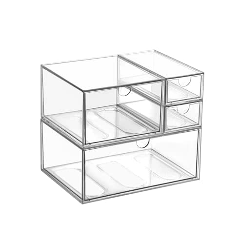 WUHUME Makeup Drawer Organizer, Desk Drawer Organizer With 4 Drawers, 3 Different Sizes, Suitable For Office Desk, Bathroom, Bedroom, Jewelry, Stationery, Handicraft Storage And Organization
