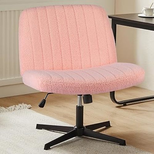 Sweetcrispy Criss Cross Chair Legged, Armless Office Wide Desk Chair No Wheels, Swivel Vanity Height Adjustable Fabric Modern Computer Task Seating for Home - Teddy Pink