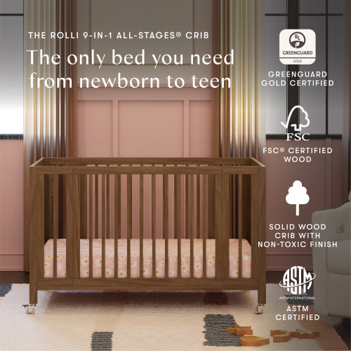 Rolli 9-in-1 Convertible All-Stages Crib with Bassinet & Toddler Bed Conversion Kits - Natural Walnut