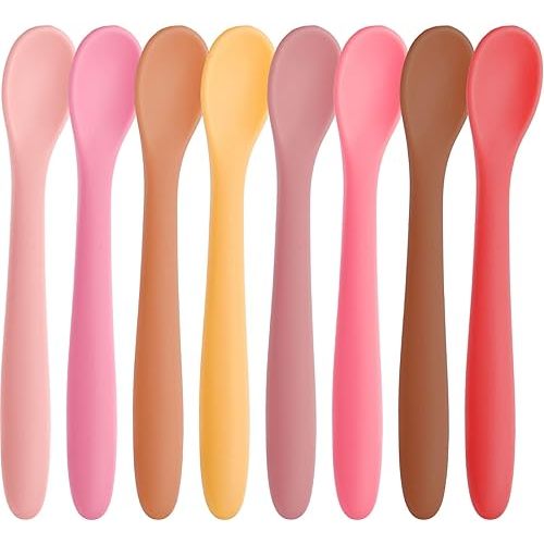 HANSGO Silicone Baby Feeding Spoons, 8PCS First Stage Infant Spoons Utensils Feeding Supplies with Warm Soft Colors, Dishwasher and Boil Safe