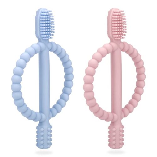 Baby Teething Toys with Easy-Hold Handle, Silicone Infant Toothbrush, Textured On Both Sides Helps Massage, Soothe Sore Gums, Teething Toys for Babies 0-6 Months, 6-12 Months - Blue & Pink