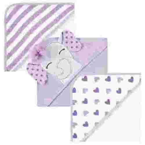 Hudson Baby Infant Girl Cotton Rich Hooded Towels, Purple Dots Pretty Elephant, One Size
