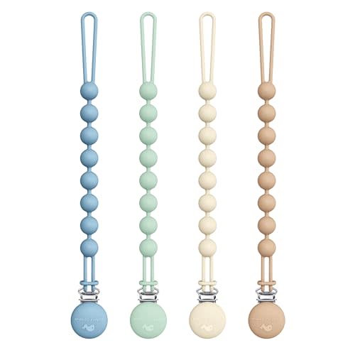 Cuddle Campus Silicone Pacifier Clip Holder with One Piece Design, Pack of 4 Soft Flexible Binky Clips with Texture for Baby Boy and Girl