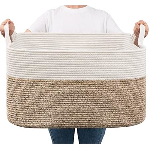 Goodpick Large Storage Basket 21.6" x 14.9" x 11.8", Blanket Baskets for Living Room, Woven Rope Storage Basket for Toys, Towels, Rectangle Laundry Dirty Clothes Baskets for Nursery, Mix Brown