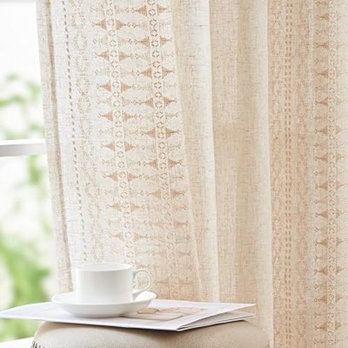 jinchan Boho Curtains for Bedroom Linen Blend Boho Curtains 84 Inches Long 2 Panels Farmhouse Embroidered Drapes for Living Room Light Filtering Grommet Window Treatments Ivory on Beige