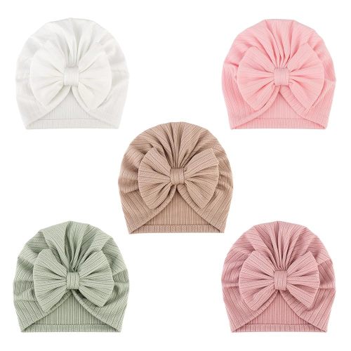 DRESHOW BQUBO 5 Pieces Newborn Baby Turban Hats Bow Baby Infant Beanie Breathable Toddler Cap for Baby Girls