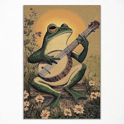 Xianyojafa Frog Poster, Playing Banjo Frog Canvas Wall Art, Vintage Comics Frog Print, Retro Cute Animal Picture for Wall, Boho Frog Banjo Painting for Living Room Bedroom 8x12in Unframed