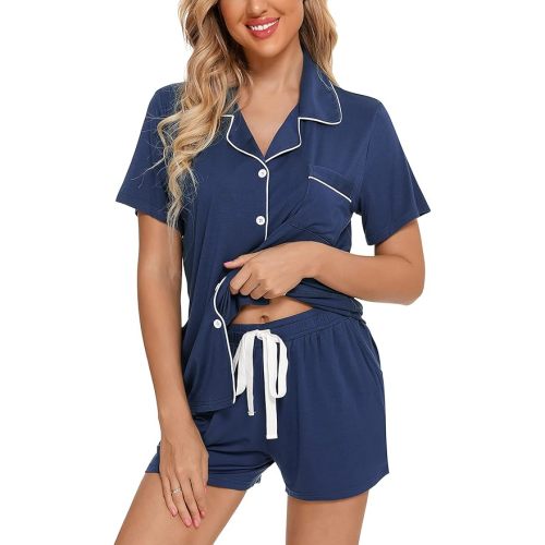 Senert Pajamas Set For Women Short Sleeve Sleepwear Soft Button Down Pjs Set Nightwear Lounge Sets S-XXL