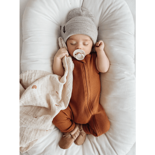 Organic Waffle Sleeveless Zip Romper, Caramel