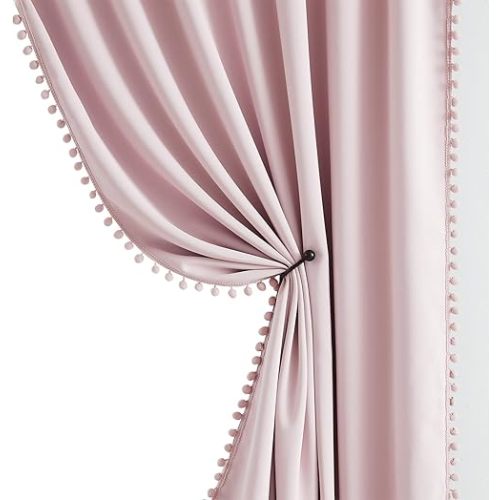 100% Full Blackout-Curtains for Bedroom Pink Pom Poms Curtain Panals for Girls 95inch Cute Thermal Insulated Window Drapes for Living Room Baby Nursery 52" w x 95" l 2pcs Rod Pocket