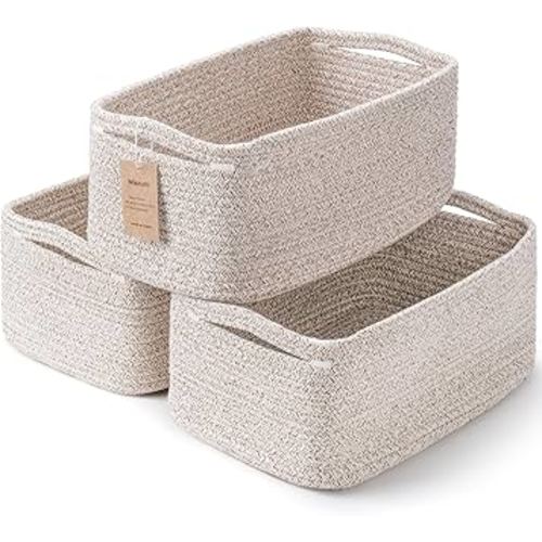 3-Pack Storage Baskets for Organizing | Woven Shelf Toy Basket | Rope Baskets for Gifts Empty | Closet Organizer Bins with Handles | Cube Decorative Box | 13.7×7.1×6.7” | Mixed brown