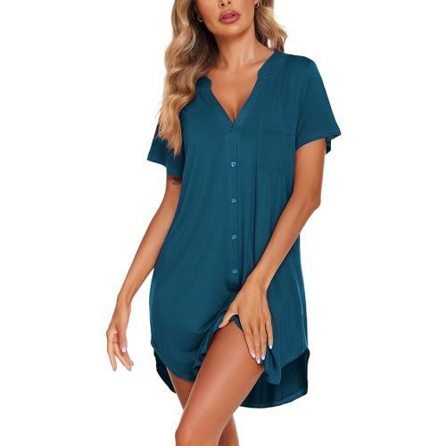 Ekouaer Women V Neck Button Down Nightgown