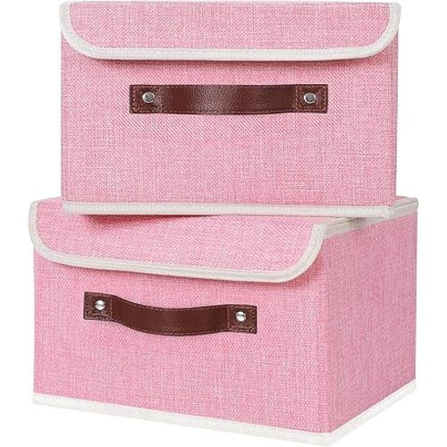 ANMINY 2PCS Storage Bins with Lid PU Leather Handles Storage Boxes PP Plastic Board Decorative Foldable Lidded Cotton Linen Fabric Home Cubes Baskets Closet Organizer Containers - Pink, Small Size