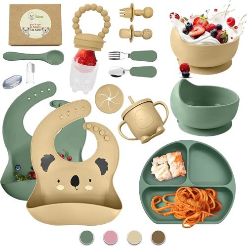 O'doe 17-Piece BPA-Free Silicone Baby Feeding Set | Thick & Soft Suction Plates, Baby Bowls, Wooden Fork & Spoon, and More | Make Mealtime Fun and Easy for Your Little One (Beige and Green, V3) - V3: Premium Set [17 Pieces]