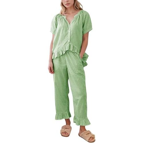 Flygo Womens Plaid 2 Piece Pajamas Sets Gingham Button Down Puff Sleeve Babydoll Shirt Ruffle Pants Y2K Pjs Lounge Set