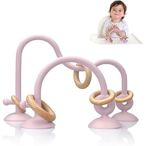 Baby Teething Toy, High Chair Suction Cup Toys for Infant Toddlers 0-6M, Food Grade Silicone Teether, Educational Parent-Child Baby Toys, Montessori Sensory Toy for Babies 6-12Months (Pink)