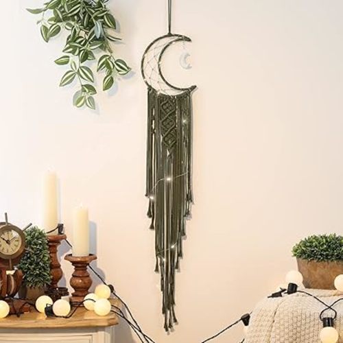Boho Macrame Woven Wall Hanging for Kids, Crochet Crescent Moon Star Dream Catcher with Long Tasselt, Olive Cotton Handmade Bohemian Home Decor Decoration for Nursery Bedroom Dorm Room