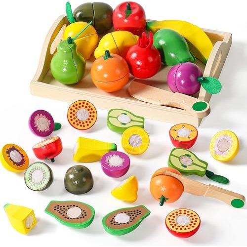 Fajiabao Wooden Play Food Set for Kids Kitchen Montessori Toddlers Toys 1-3 Pretend Cutting Fruit Educational Easter Birthday Gifts for Girls Boys 2 3 4 Year Old