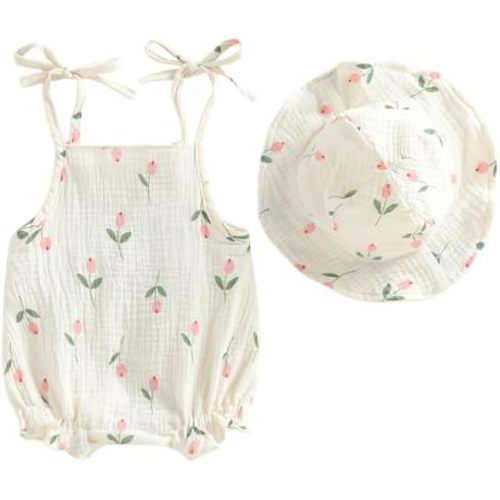 Mubineo Baby Girl Clothes Summer Cotton Linen Bubble Romper Sleeveless Smocked Rompers Jumpsuit Sun Hat Boho Outfits