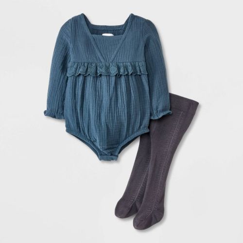 Grayson Mini Baby Girls' Bubble Romper With Tights - Navy Blue/gray 12m
