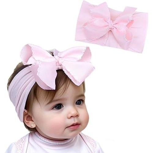 Baby Girl Soft Nylon Bow Elastic Headband Turban Toddler Infant Bow-knot Stretchy Hair Band Birthday Party Hair Bow Ribbon Accessories for Newborn Baby (Bow 1 - Pink, Elastic)