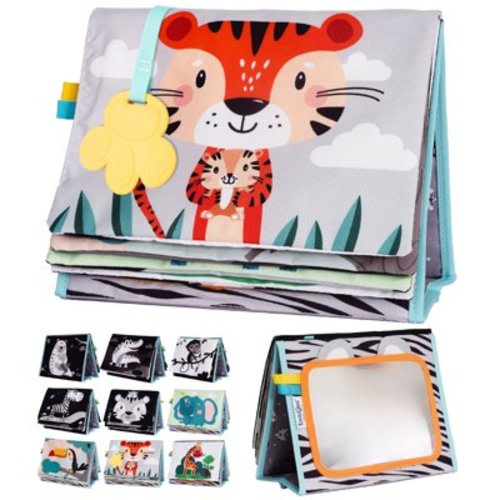 TINITIGIES Tummy Time Mirror for Babies – High Contrast Book with Large Baby Safe Mirror, Silicone Teether, and Crinkle Pages – Perfect Sensory Toy for Babies 0-9 Months