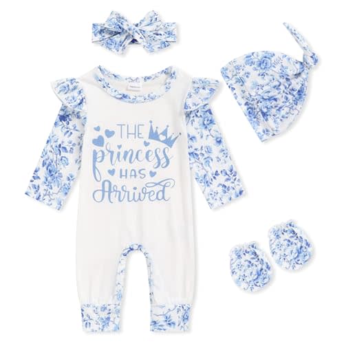 GRNSHTS Newborn Baby Girl Romper Infant Letter Print Jumpsuit Floral Bodysuit+Hat+Headband+Gloves Coming Home Clothes Outfits