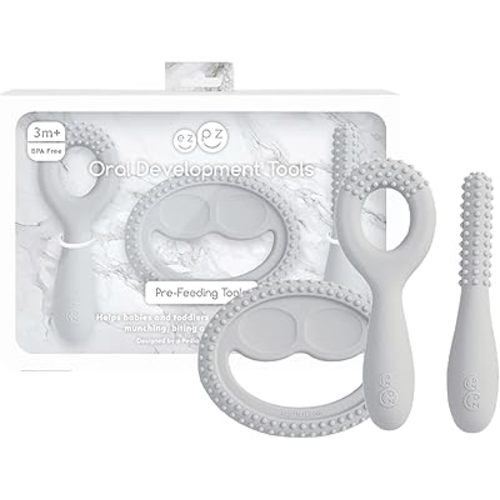 ezpz Oral Development Tools - 3 Months+ (3 Pack in Pewter) - Non-Slip Loop, Smile and Stick, 100% Silicone Tools to Practice Feeding + Chewing - Sensory Bumps - Dishwasher Safe