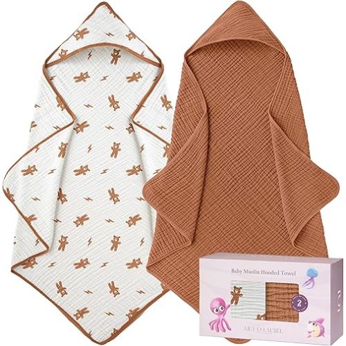 Muslin Hooded Baby Towels for Newborns, 32"x32", 100% Cotton – 6 Layers Super Soft Absorbent Breathable, Baby Bath Towel, Toddler Bath Towel – Pack of 2