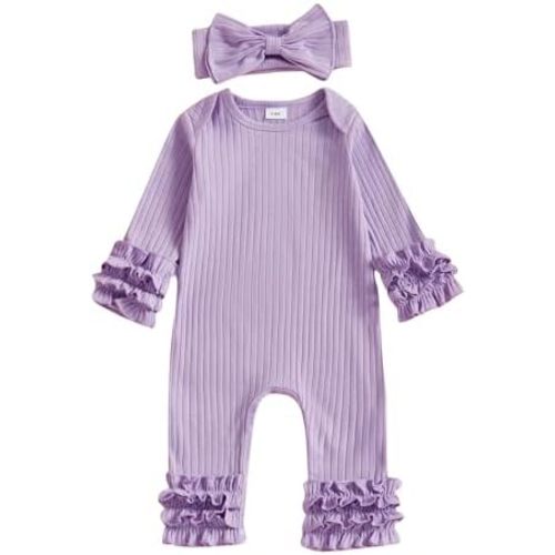 Winioder Newborn Baby Girl Clothes Ribbed Long Sleeve Ruffle Romper Jumpsuit with Headband My First Valentines Outfit