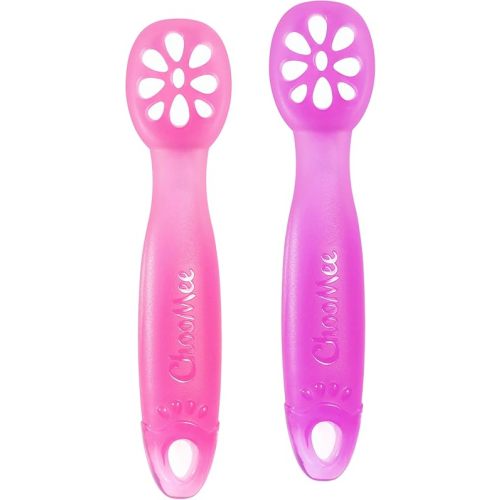 ChooMee FlexiDip Silicone Baby Learning Utensil | 4 Months + Baby Led Weaning | Flat Head Spoon with Firm Handle | Designed in USA, BPA Free, Premium Grade Platinum Silicone | 2 CT Pink Purple