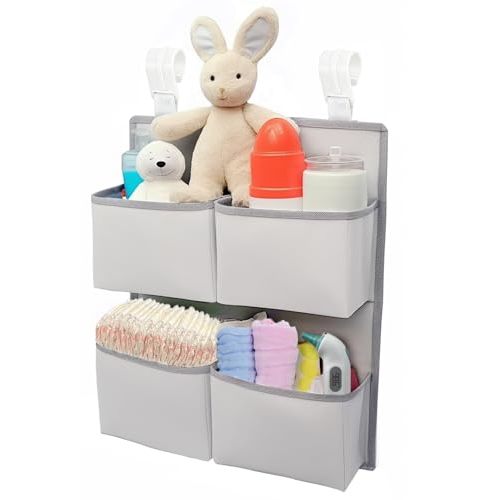 KIKJOK Hanging Diaper Organizer for Crib/Playard/Bassinet – H19 x L15 Hold 80+ Diapers - Changing Table Diaper Holder - Hanging Diaper Stacker Nursery Caddy Organizer for Boy or Girl (Silver-grey)