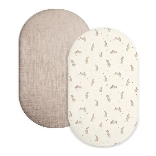 Bassinet Sheet for Baby Boy and Girl 2 Pack, Fitted Sheets for Rectangle, Oval, Hourglass Bassinet Mattress, Muslin Moses Basket Sheets with Neutral Style(Hopping Bunnies & Beige)