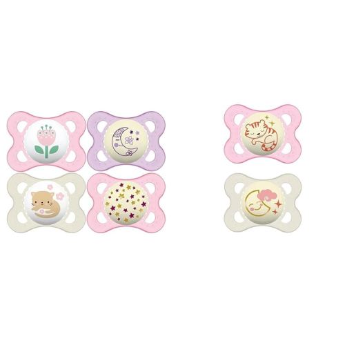 MAM Pacifiers 0-6 Months 4-Pack with Glow-in-Dark + 2-Pack Self-Sterilizing Case and Night Pacifiers for Baby Girl