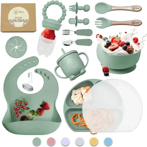 O'doe 17-Piece BPA-Free Silicone Baby Feeding Set | Thick & Soft Suction Plates, Baby Bowls, Wooden Fork & Spoon, and More | Make Mealtime Fun and Easy for Your Little One (Green, V2)
