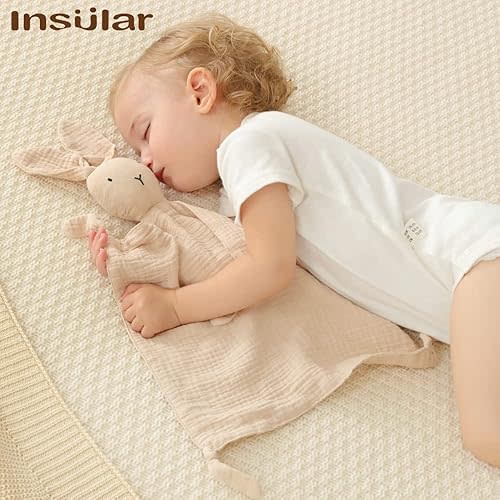 insular Bunny Lovey Blanket for Boys and Girls, Organic Cotton Muslin Security Blanket for Babies, Soft Breathable Lovie Soothing Towel for Newborn and Infant, 2 Pcs Set (Beige&Pink)