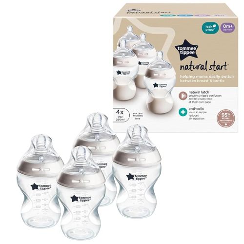Tommee Tippee Natural Start Anti-Colic 9 oz BPA Free Baby Bottles, 0+ Months, Slow Flow Breast-Like Nipple, Self Sterilizing, Designed for Seamless Transition Between Bottle & Breast, Clear, Pack of 4 | Pack of 4, Slow Flow Breast-Like Nipple, Self-Steril