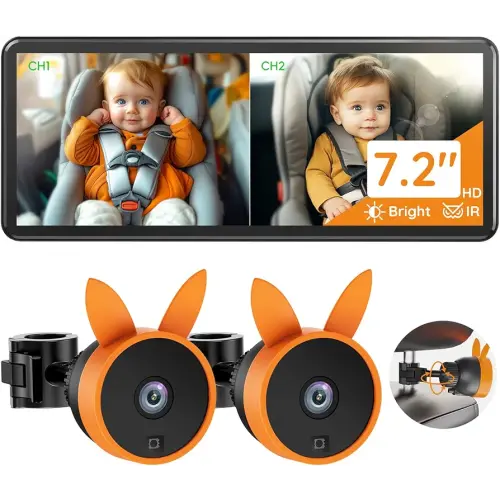 Babyvue BV3 PRO Dual Baby Car Camera – See 2 Kids Clearly with 7.2" HD Screen, 1080P Night Vision, 3-Level Brightness, Rear-Facing Monitor for SUV/Truck