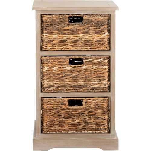 SAFAVIEH Home Collection Halle 3-Basket Drawer Wicker Storage Side Table, 0, White Washed
