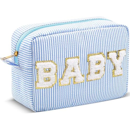 Sanwuta Seersucker Cosmetic Bags Baby Bag Chenille Letter Baby Toiletry Bag Stripe Diaper Pouch Large Preppy Storage Pouch Toiletry Travel Organizer, Gifts for Mom Women