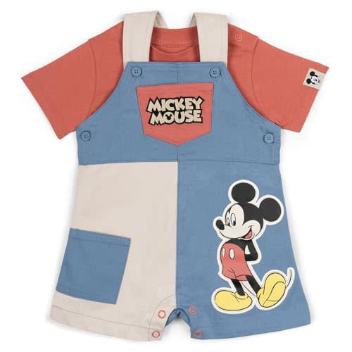 Disney Mickey Mouse Baby Twill Square Neck Short Overalls & T-Shirt Outfit Newborn to Infant Sizes (0-3 Months - 18 Months)