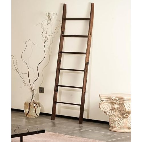 Blanket Ladder for the Living Room 6-Tier, Wooden Decorative Quilt Holder for Bed room, Wall-Leaning Towel Rack for Bathroom,Rustic Farmhouse Ladders for Display. (Dark Brown)