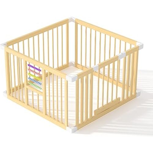 Baby Playpen with Gate, Wooden Playpen for Babies and Toddlers, Baby Play Yard with Colorful Acrylic Beads, Baby Fence Play Area with Suction Cups, Small Baby Play Pen(43 * 43 * 24Inch)
