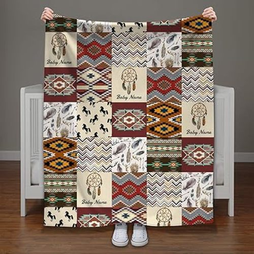 Western Baby Blankets Personalized - Dreamcatcher Horses Blanket - Native American Aztec Pattern - Soft Minky Sherpa Throws and Blankets Decor for Crib and Bedding