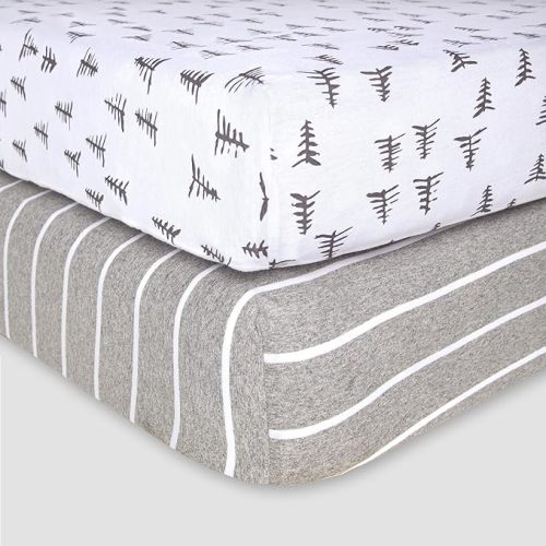 Burts Bees Baby Fitted Crib Sheet Organic Cotton BEESNUG - Pine Forest and Stripe Prints, Fits Unisex Standard Bed and Toddler Mattress, Infant Essentials, 28 x 52 x 5.5 Inch 2-Packs - Pine Forest/Stripe 2-pk