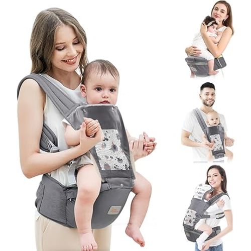 Baby Carrier with Hip Seat, 6 in 1 Baby Carrier Newborn to Toddler, Adjustable Infant Carrier with Hood, All Seasons & All Position Baby Holder Carrier for 0-36 Months