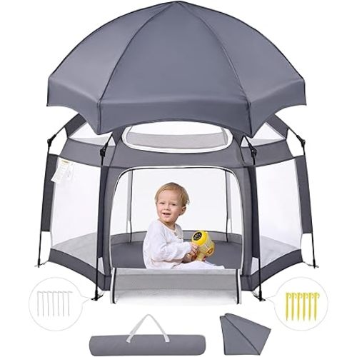 Babelio Baby Playpen with Canopy, Pop up Toddler Tent, Travel/Nap, Indoor and Outdoor, Portable&Foldable, Beach Tent, Sun Protection, Double-Door, One-Touch Storage - Grey