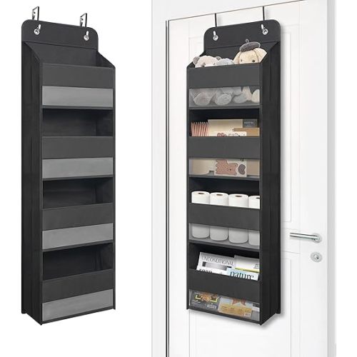 Over Door Organizer with 4 Large Capacity Pockets, Heavy Duty Hanging Organizer Storage for Closet Bathroom Nursery Bedroom Dorm, Toys Cosmetics Sundries and Baby Essentials, Black