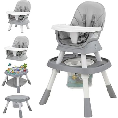 Baby High Chair with Activity Center, 8-in-1 Convertible High Chairs for Babies and Toddlers with Baby Toys, Highchair for Ages 6-120 Months (Grey)